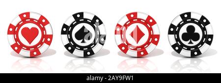 Satz von ständigen Gambling poker chips, mit Spaten, Herz Diamant und Club anmelden. 3D Stockfoto