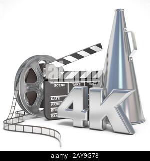 Video, Film, Kino Produktion Konzept. Rollen, Klappe, Megafon und 4 K. 3D Stockfoto