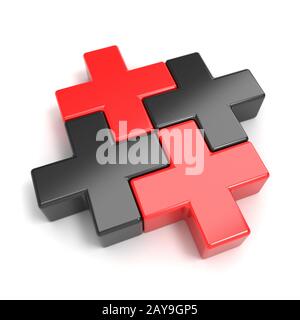 Schwarz und Rot abstrakte plus Puzzle Stücke. 3D Stockfoto