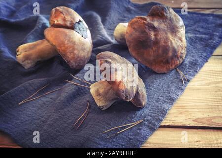 Pilze Steinpilze auf dem Tisch auf eine Serviette. Stockfoto