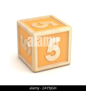 Nummer 5 fünf Holz- Alphabet blocks Font gedreht. 3D Stockfoto