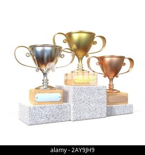 Gold, Silber und Bronze Gewinner Trophy Cups 3D Stockfoto