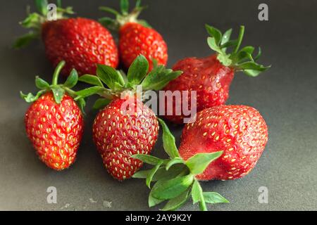 Rote Erdbeeren auf einem schwarzen Hintergrund Reif. Stockfoto