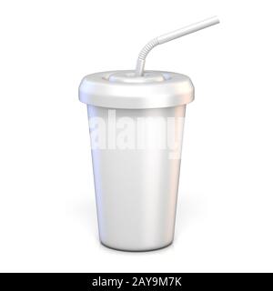 Leeres Papier Glas mit Strohhalm 3D Rendering Illustration auf weißem Hintergrund Stockfoto