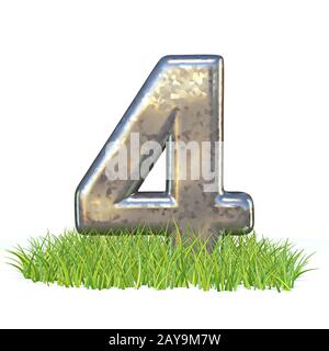 Verzinkte Metallschrift Nummer VIER 4 in Grass 3D Stockfoto