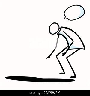 Hand Gezeichnete Stickman Person, die in Pfütze nach unten zeigt. Konzept Leerplatz, Bewusstsein, Geheimnis, Gefahr, Symbol Für Besorgte Bohrungsgefahr Motiv. Abbildung Piktogramm Stock Vektor