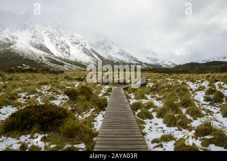 Curvy hängen Weg schützt Mountain ecosystem bei Hooker Valley Track Stockfoto