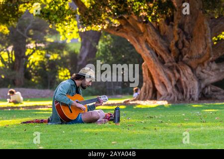 Sydney, NSW - 10 2018: Ein Kerl, der Gitarre in den Botanischen Gärten spielt Stockfoto