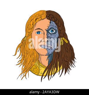 Hel Norse Goddess Face Front Drawing Color Stockfoto