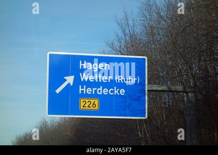 Autobahnschild Hagen, Wetter ruhrgebiet, herdecke, b 226 Stockfoto