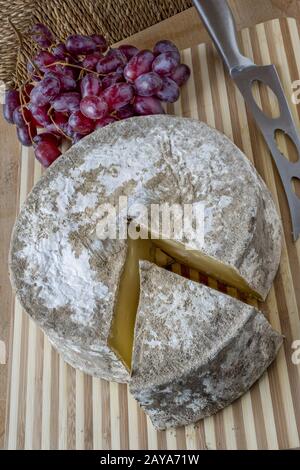 Französischer Käse Tomme de Savoie. Französischer Käse Stockfoto