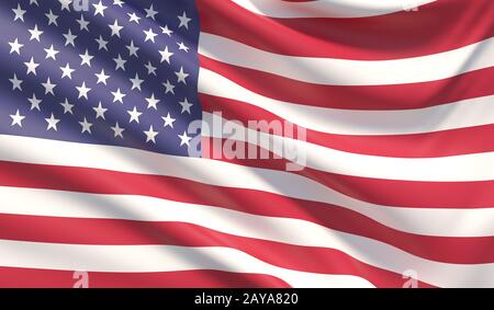 Flagge der Vereinigten Staaten von Amerika. Gewellte, detailreiche Gewebetextur. 3D-Abbildung. Stockfoto