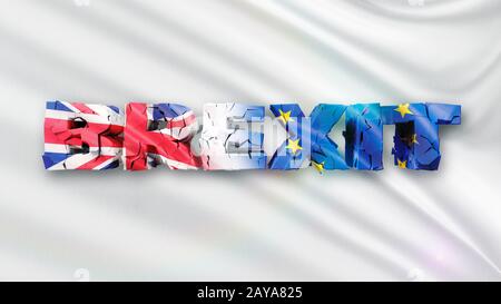 3D-Darstellung von gerissenen Brexit Konzept mit weißer Flagge und 3D-Text Stockfoto