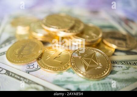 Crypto Währung kursmünzensatz Sammlung, bitcoin, des Astraleums, litecoin. Stockfoto