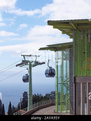 Gondeln vor der Seilbahnstation in monte, die von funchal auf madeira führen Stockfoto