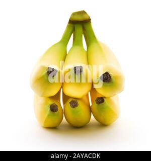 Perfekte Bananen mit gelber und grüner Farbe, isoliert auf weißem Hintergrund. Sportnahrung und Ernährung Stockfoto