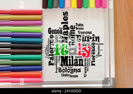 Orte in Italien Word Cloud Travel Concept Stockfoto