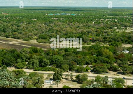 Luftaufnahme von Maun vom Flug ins Okavango-Delta, Botswana. Stockfoto