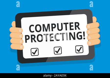 Word Writing Text Computer schützen. Geschäftskonzept zum Schutz des Computers vor unbefugten Eingriffen Color Tablet SMA Stockfoto