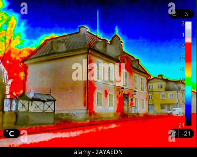 Wärmebild eines Gebäudes in einer ländlichen Stadt Stockfoto