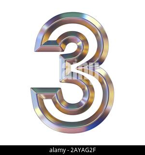 Chromschrift mit farbigen Reflexionen Nummer 3 DREI 3D Stockfoto