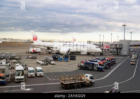 Tokio, Japan - Februar 2020: JAL, Japan Airlines, Flugzeug auf der Landebahn des Tokyo Haneda International Airport in Japan. Stockfoto