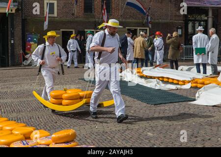 Alkmaar, Niederlande - 28. April 2017: Käseträger auf dem traditionellen Käsemarkt Stockfoto