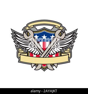 Gekreuztes Wrench Army Wings American Flag Shield Stockfoto