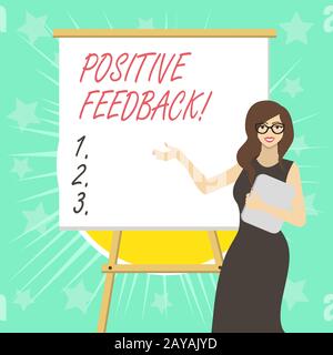 Textzeichen mit positivem Feedback. Konzeptfoto gute und großartige Kommentare von zufriedenen Kunden. Stockfoto