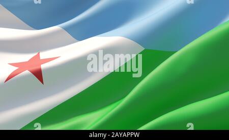 Winkte sehr detaillierte Close-up Flagge Dschibuti. 3D-Darstellung. Stockfoto