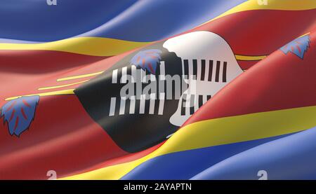 Winkte sehr detaillierte Close-up Flagge von Eswatini. 3D-Darstellung. Stockfoto