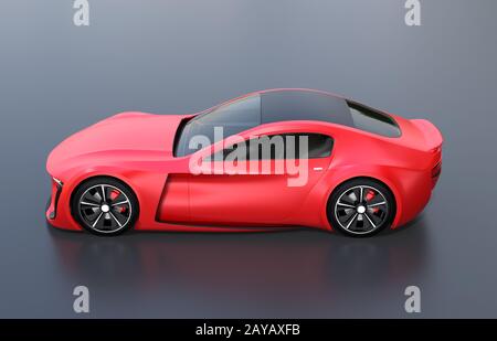 Seitenansicht des rot angetriebenen Sportcoupés auf schwarzem Hintergrund. 3D-Rendering-Bild. Stockfoto