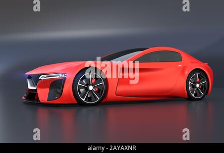 Elektrisches Sportcoupé mit Metallic-Rot-Farbe auf schwarzem Hintergrund. 3D-Rendering-Bild. Stockfoto