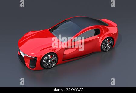 Elektrisches Sportcoupé mit Metallic-Rot-Farbe auf schwarzem Hintergrund. 3D-Rendering-Bild. Stockfoto