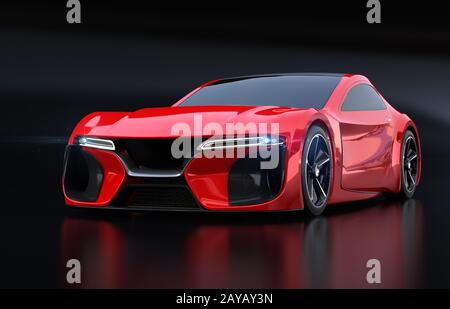 Elektrisches Sportcoupé mit Metallic-Rot-Farbe auf schwarzem Hintergrund. 3D-Rendering-Bild. Stockfoto