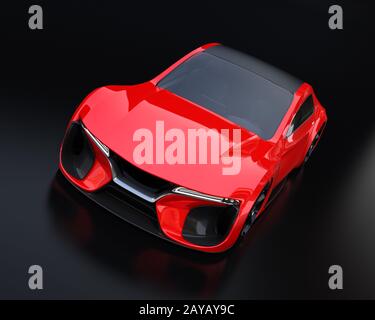 Elektrisches Sportcoupé mit Metallic-Rot-Farbe auf schwarzem Hintergrund. 3D-Rendering-Bild. Stockfoto