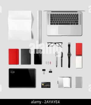 Office Desk Branding Mockup Draufsicht isoliert auf grau Stockfoto