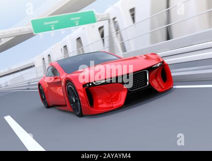 Rot elektrisch angetriebenes Sportcoupé, das auf der Autobahn fährt. 3D-Rendering-Bild. Stockfoto