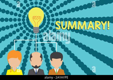 Zusammenfassung zur Erstellung von Handschriftertexts. Konzept bedeutet kurze Aussage oder Darstellung der Hauptpunkte von etwas Subject Group Three exe Stockfoto