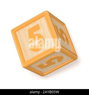 Nummer 5 fünf Holz- Alphabet blocks Font gedreht. 3D Stockfoto