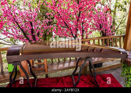 Guzheng Instrument auf dem Hintergrund schöner Blumen. Es ist eine alte chinesische Klassika Stockfoto