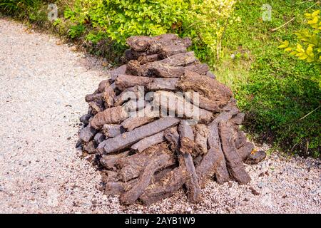 Haufen brauner Torfziegel, die im Sonnenlicht auf grünem Gras trocknen Stockfoto