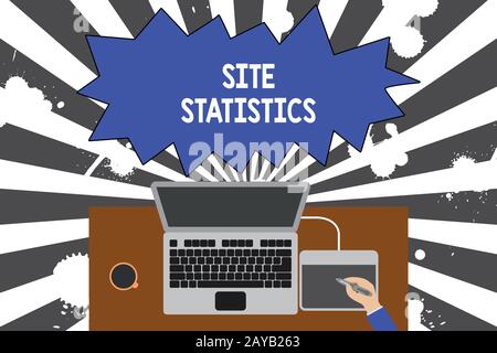 Handschriftertext zum Schreiben von Standortstatistiken. Konzept bedeutet Messung des Verhaltens von Besuchern bestimmter Websites Upper View lapt Stockfoto