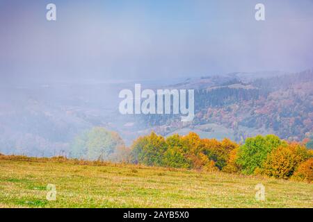 Nebelige Berglandschaft im Herbst, Wolken ragen an einem sonnigen Morgen über die sanften Hügel. Wundervolle Landschaft mit Bäumen im Herbstlaub und grasig Stockfoto