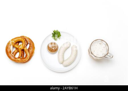 Bayerische Kalbswurst mit Brezel Stockfoto