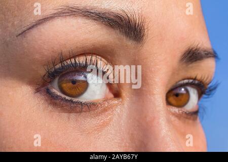 Schließen Sie zwei mandelfarbene Augen im weiblichen Gesicht Stockfoto