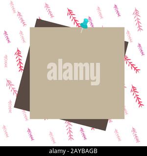 Farbige Erinnerungen, die durch einen Daumentack auf farbenfrohem Hintergrund hängen. Leeren Sie zwei Papiernotizen, die von der Büronadel auf einer Oberfläche angebracht sind. B. Stockfoto