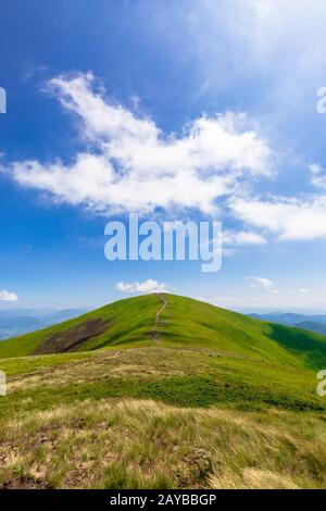 Grüne Hügellandschaft des Bergrückens Borzhava. Grasige Alpenwiesen unter einem blauen Himmel mit einigen Wolken. Schöne Sommerlandschaft der karpaten Hi Stockfoto