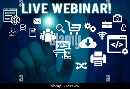 Word Writing Text Live Webinar. Geschäftskonzept für Präsentation Vortrag oder Seminar übertragen über Web Männlich menschliche Kleidung formell Stockfoto