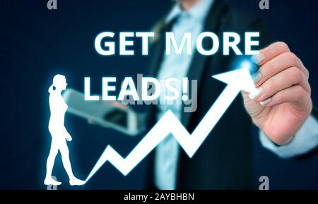 Konzeptionelles Handschreiben, das zeigt, dass mehr Leads erreicht werden. Unternehmenstext Initiierung von Verbraucherinteressen oder Anfrage von Produkten oder Dienstleistungen Stockfoto